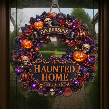 Haunted Home Halloween Wreath With Pumpkins And Skulls - Personalized Custom Shaped Wood Sign - HALW186_WSIGN