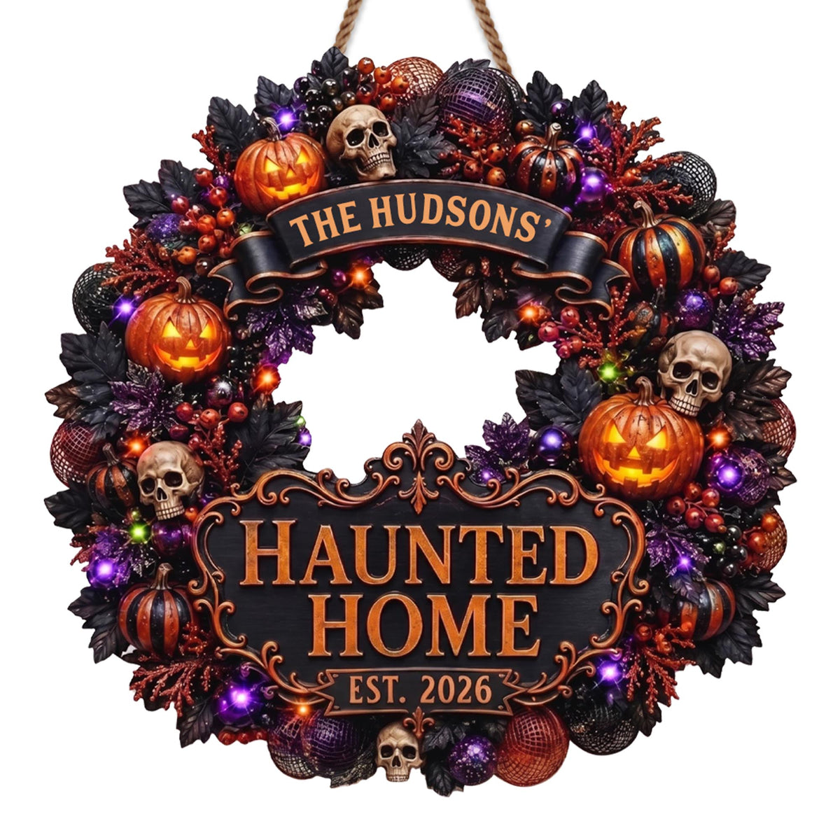 Haunted Home Halloween Wreath With Pumpkins And Skulls - Personalized Custom Shaped Wood Sign - HALW186_WSIGN