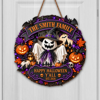 The Family Happy Halloween Y'all Ghost Pumpkin And Bats Wreath - Personalized Custom Shaped Wood Sign - HALW222_WSIGN