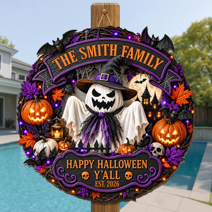 The Family Happy Halloween Y'all Ghost Pumpkin And Bats Wreath - Personalized Custom Shaped Wood Sign - HALW222_WSIGN
