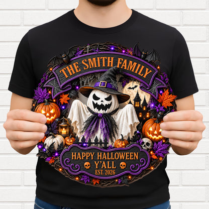 The Family Happy Halloween Y'all Ghost Pumpkin And Bats Wreath - Personalized Custom Shaped Wood Sign - HALW222_WSIGN
