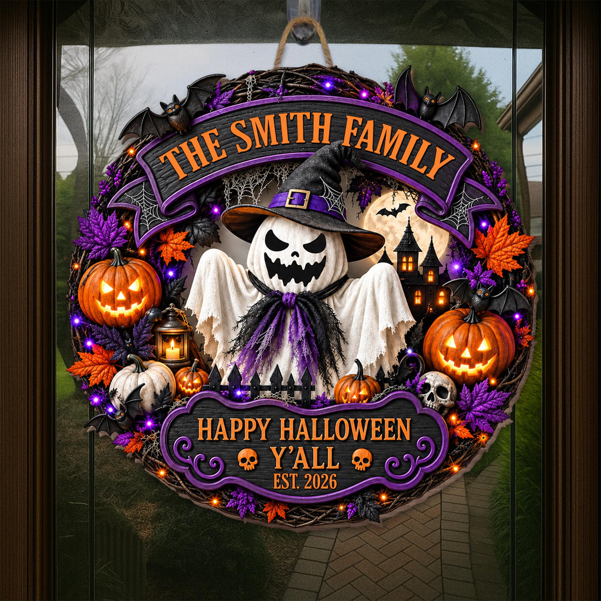 The Family Happy Halloween Y'all Ghost Pumpkin And Bats Wreath - Personalized Custom Shaped Wood Sign - HALW222_WSIGN