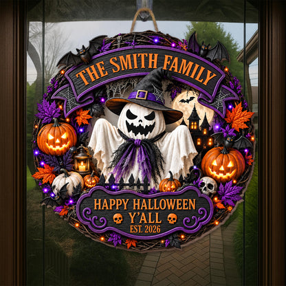 The Family Happy Halloween Y'all Ghost Pumpkin And Bats Wreath - Personalized Custom Shaped Wood Sign - HALW222_WSIGN