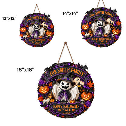 The Family Happy Halloween Y'all Ghost Pumpkin And Bats Wreath - Personalized Custom Shaped Wood Sign - HALW222_WSIGN