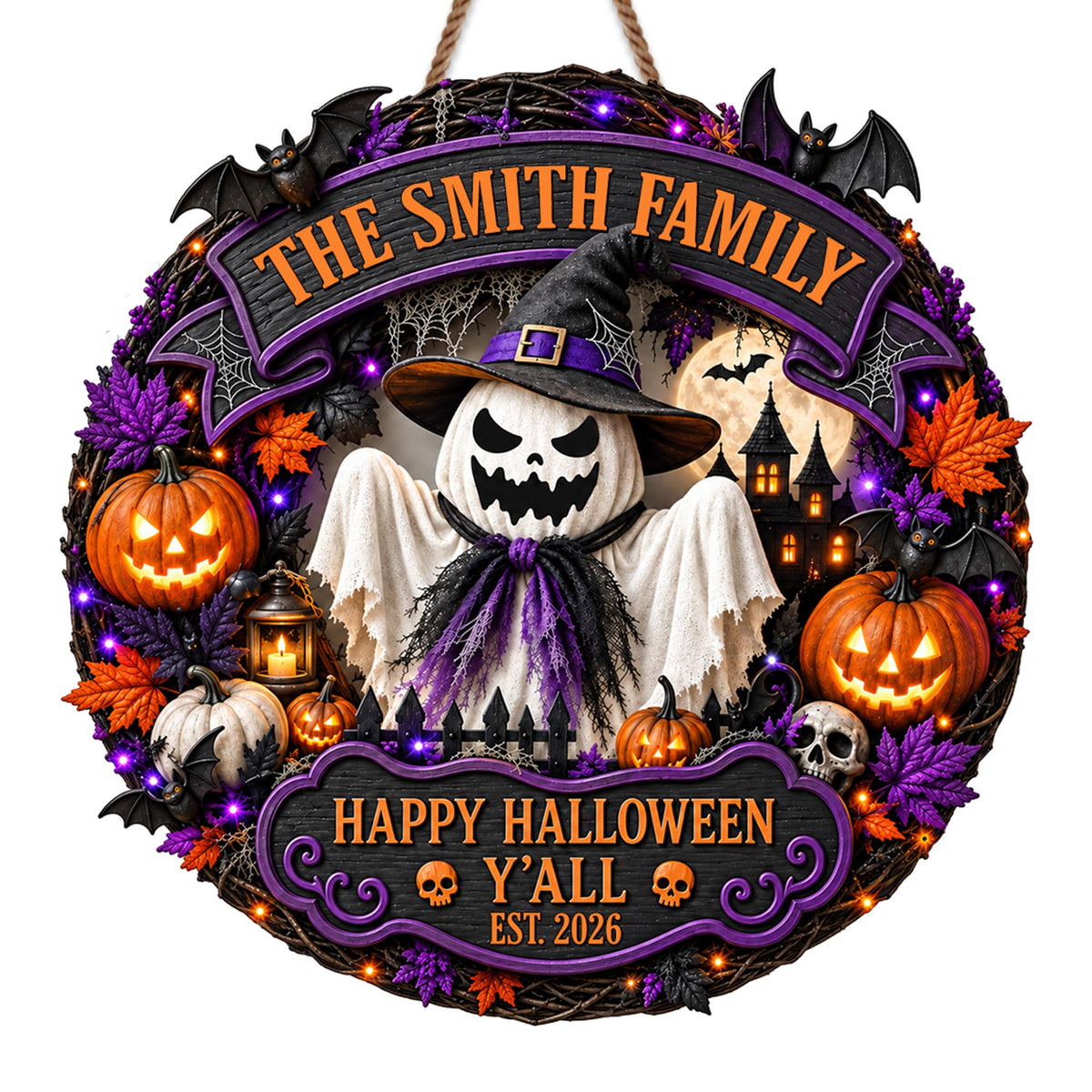 The Family Happy Halloween Y'all Ghost Pumpkin And Bats Wreath - Personalized Custom Shaped Wood Sign - HALW222_WSIGN