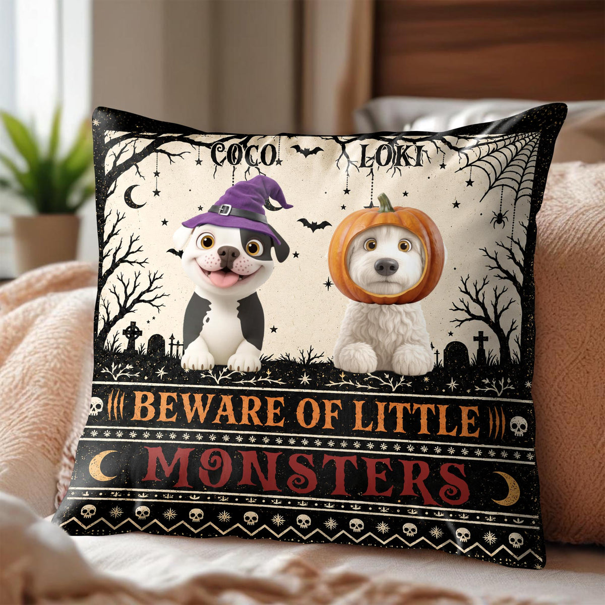 Beware Of Little Woofster Funny Halloween Dog With Bat Wings - Personalized Custom Pillow, Insert Included - HALW237_PLW