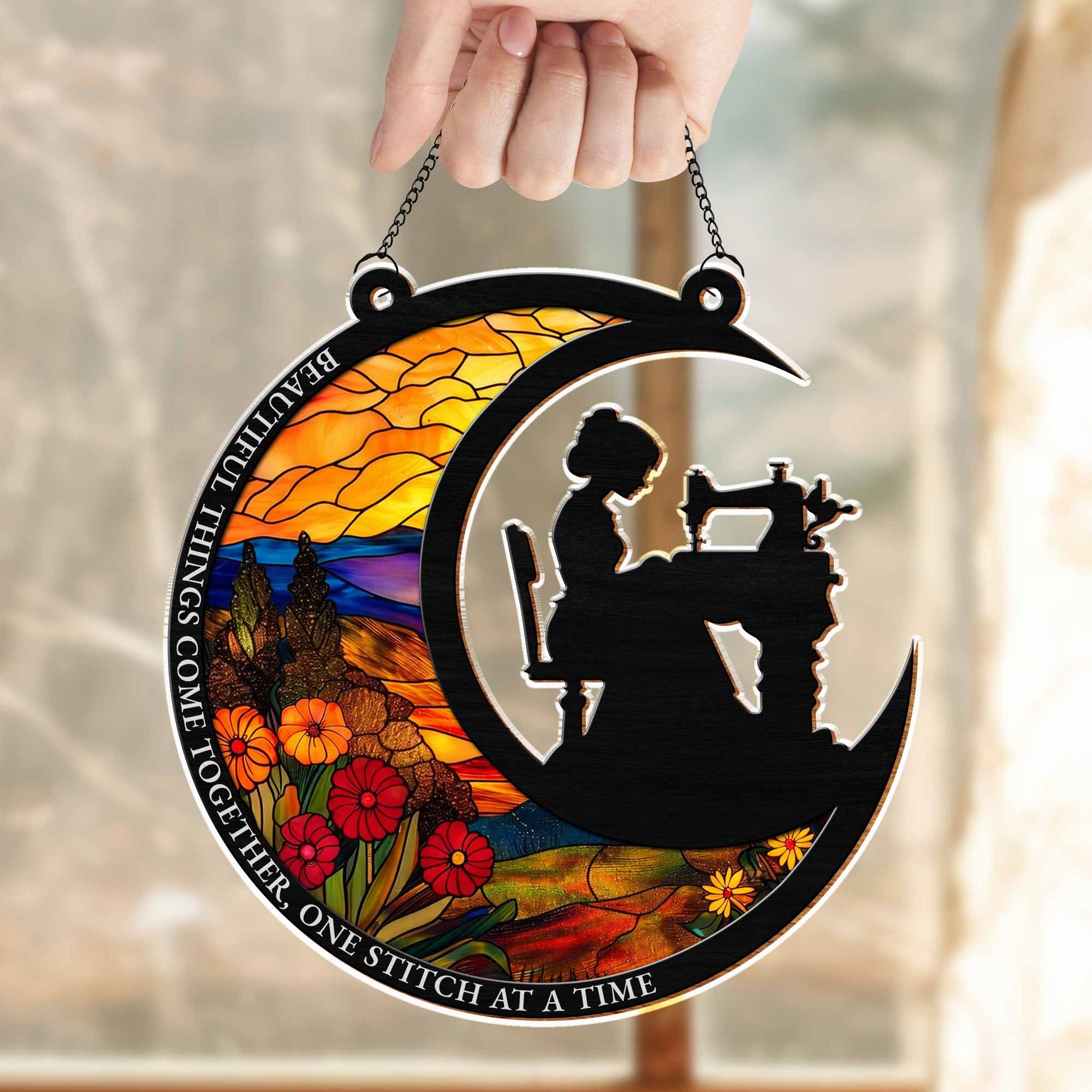 Beautiful Things Come Together, Woman Sewing and Flowers