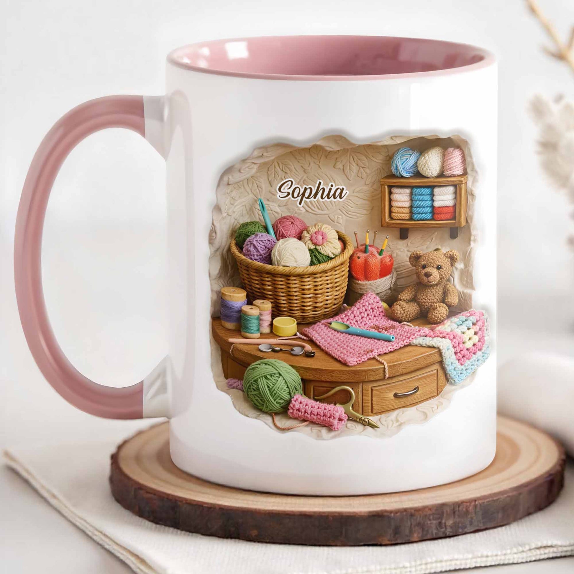 Customizable Crafting Essentials Mug with Yarn and Sewing Items