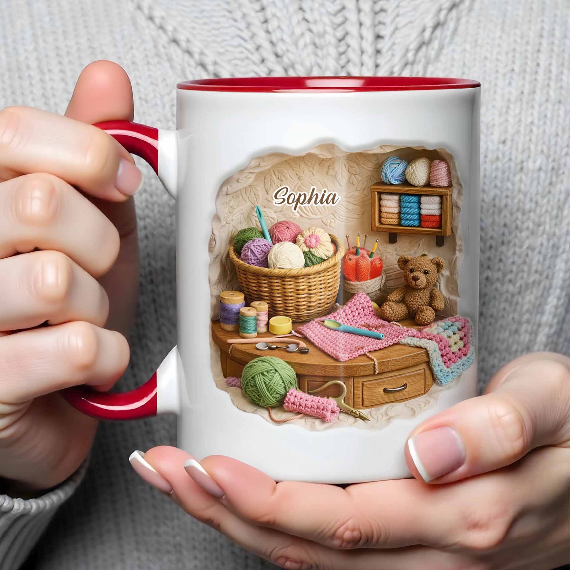 Customizable Crafting Essentials Mug with Yarn and Sewing Items