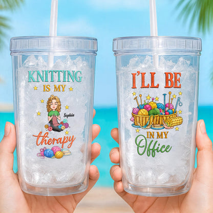 Knitting Is My Therapy, Yarn And Basket Design - Personalized Custom Plastic Tumbler - HAND013_PTUM