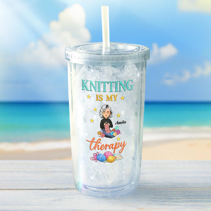 Knitting Is My Therapy, Yarn And Basket Design - Personalized Custom Plastic Tumbler - HAND013_PTUM