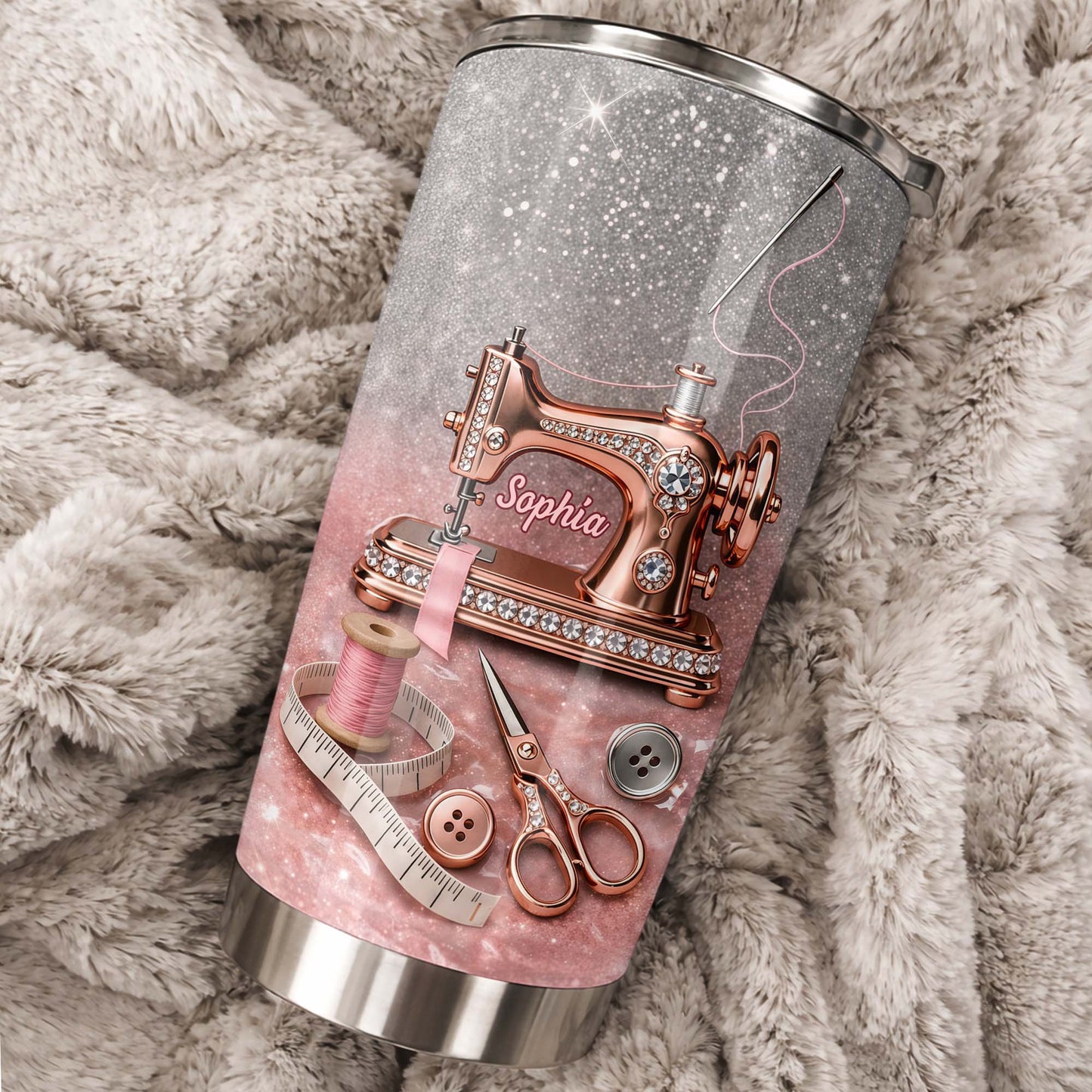 Vintage Sewing Machine and Tailor Tools With Glitter Background