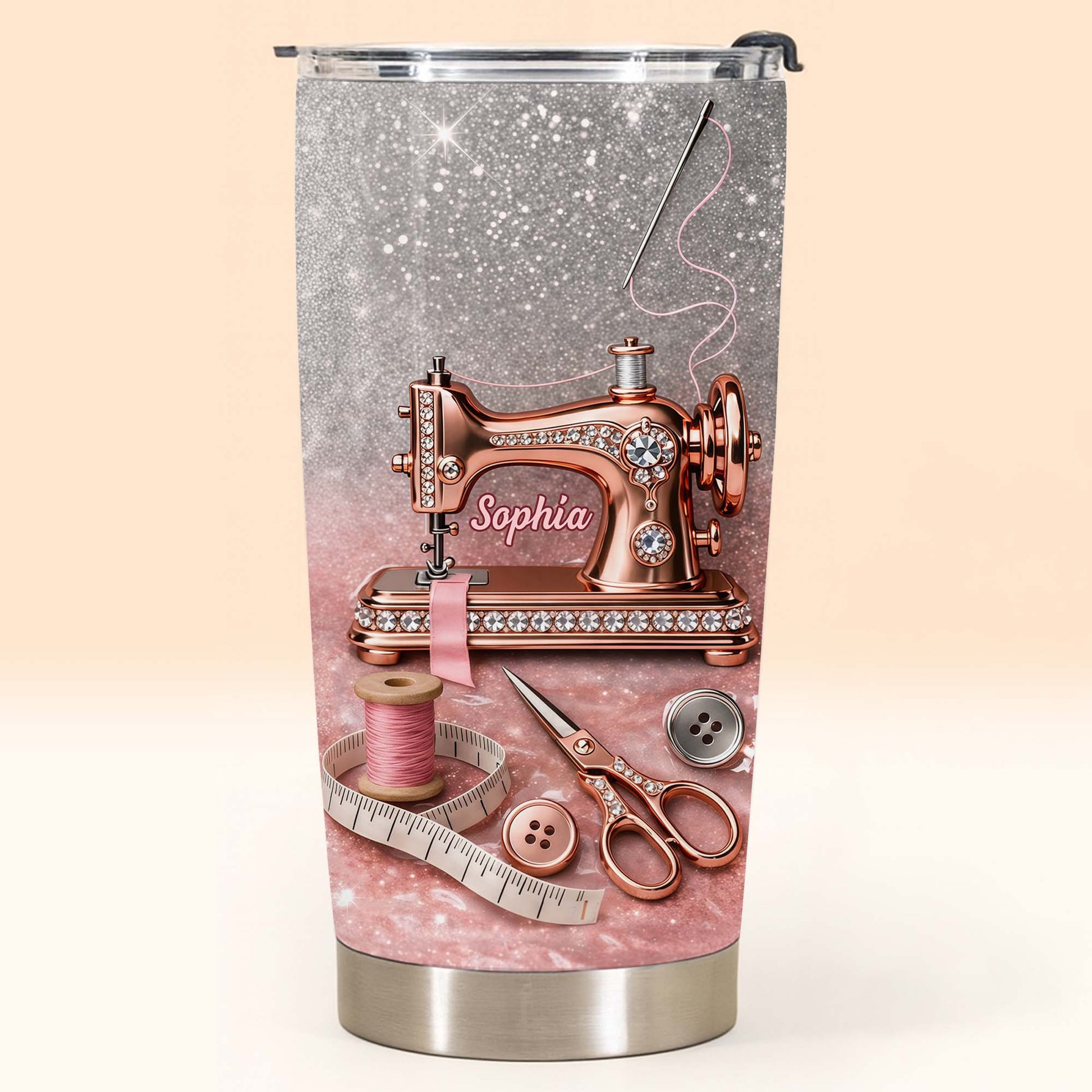 Vintage Sewing Machine and Tailor Tools With Glitter Background