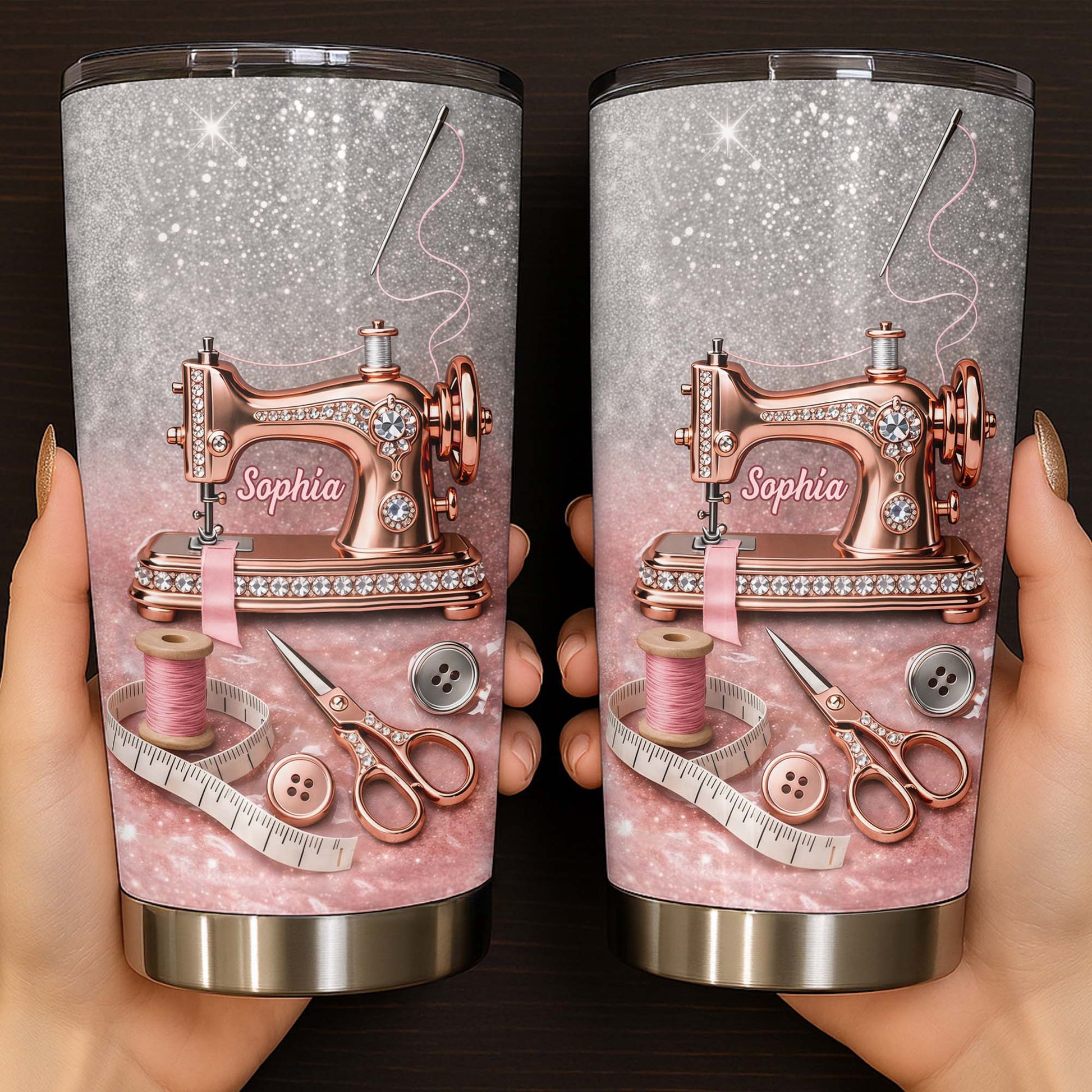 Vintage Sewing Machine and Tailor Tools With Glitter Background