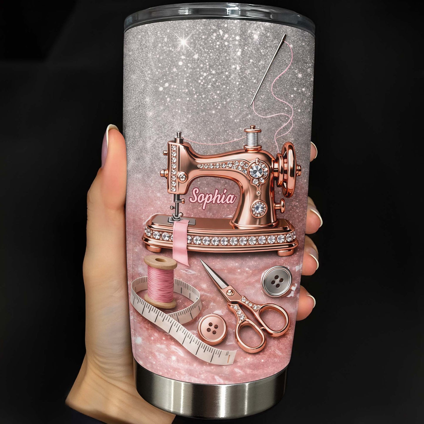 Vintage Sewing Machine and Tailor Tools With Glitter Background