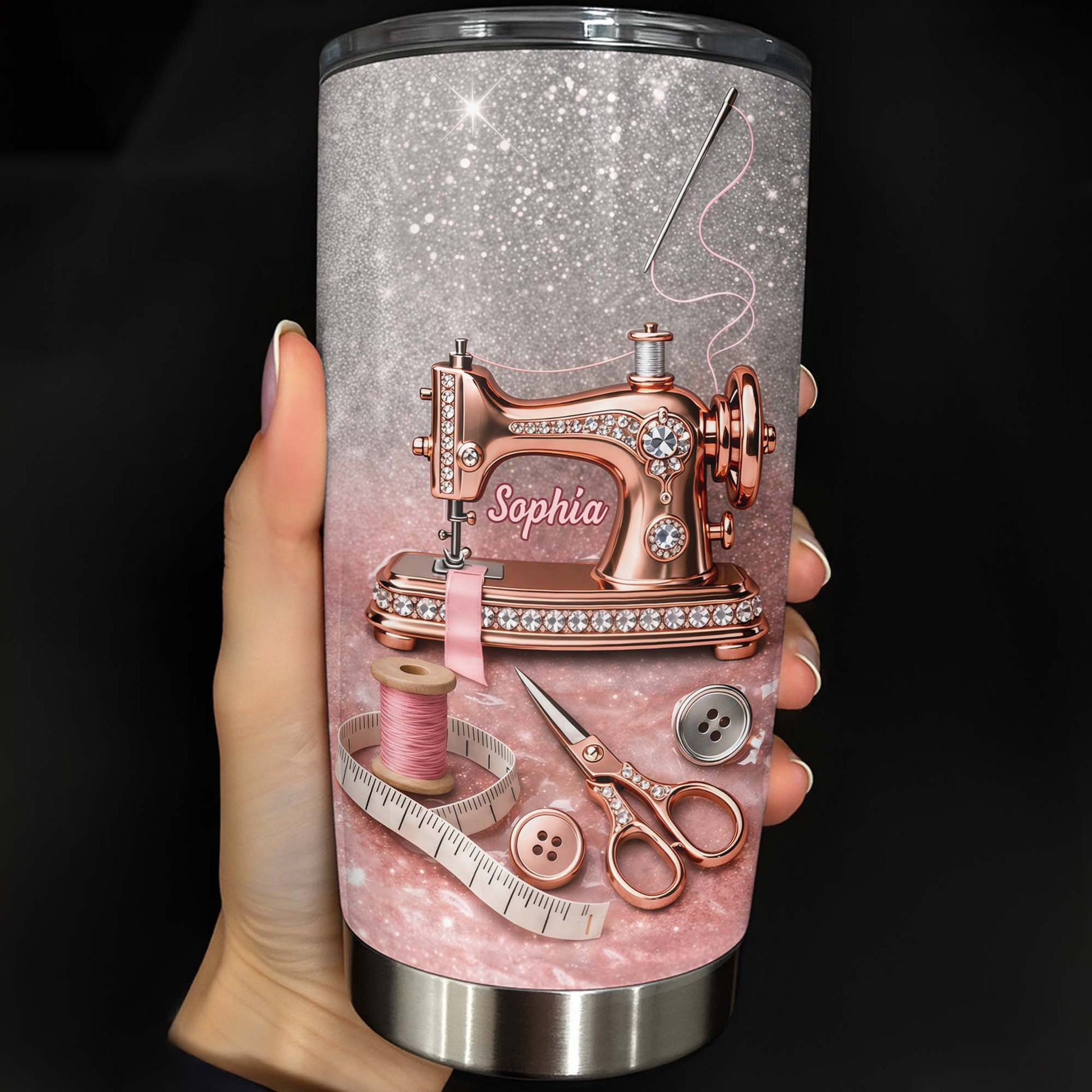 Vintage Sewing Machine and Tailor Tools With Glitter Background