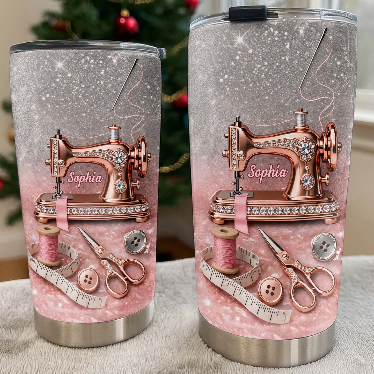 Vintage Sewing Machine and Tailor Tools With Glitter Background