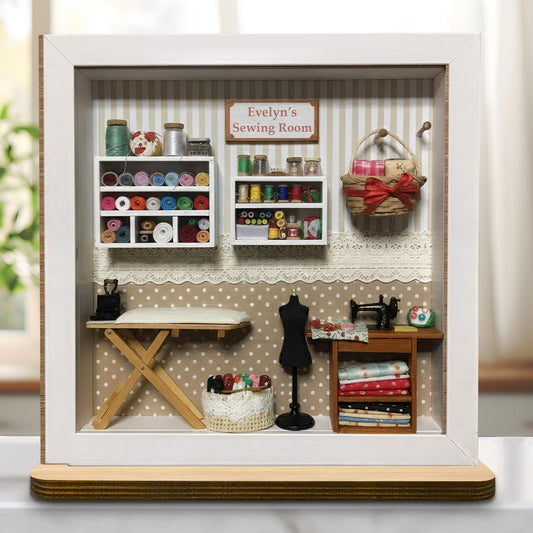 My Sewing Room With Miniature Sewing Machine And Thread Spools