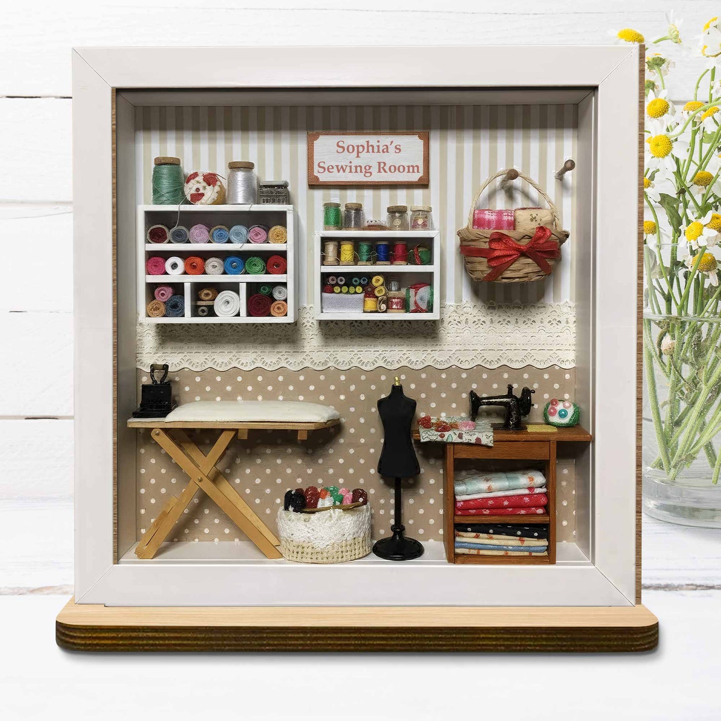 My Sewing Room With Miniature Sewing Machine And Thread Spools