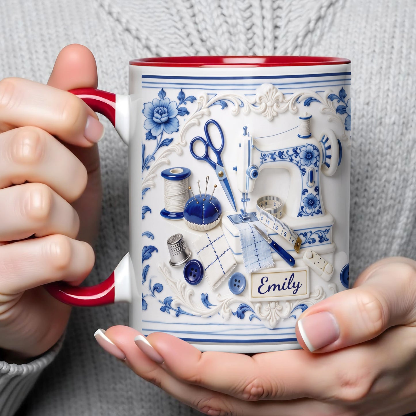 Creativity Unraveled In Every Stitch Yarn And Knitting Tools Toile De Jouy Style - Personalized Custom Accent Mug - HAND115_AMUG
