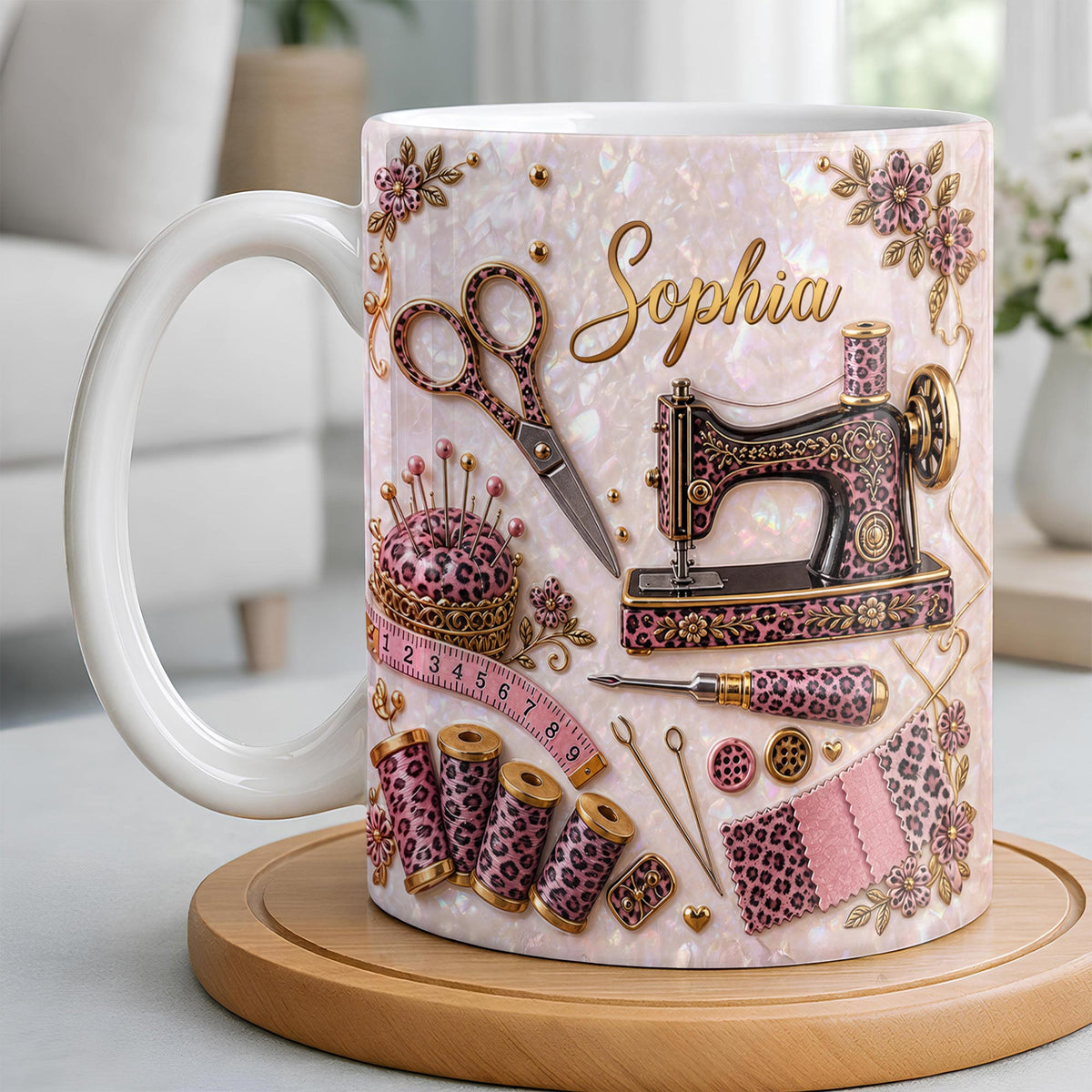 A Seamstress With A Passion For Sewing Machine And Leopard Print - Personalized Custom Coffee Mug - HAND120_MG
