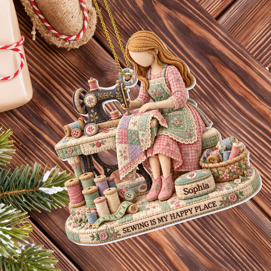 Sewing Is My Happy Place Vintage Sewing Machine And Threads - Personalized Custom Acrylic Ornament, Christmas Gift - HAND209_ACO