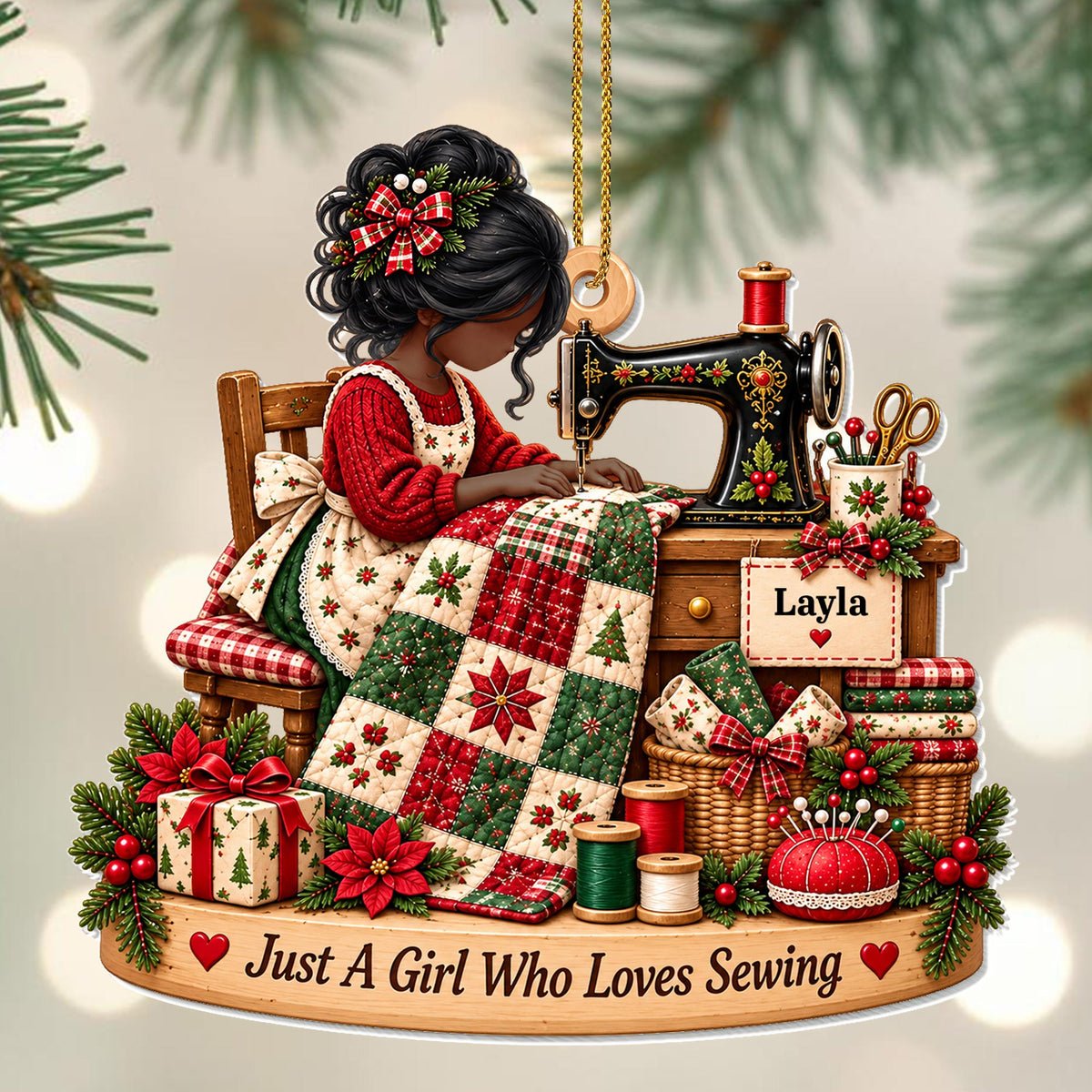 Just A Girl Who Loves Sewing With Sewing Machine and Quilt - Personalized Custom Acrylic Ornament, Christmas Gift - HAND225_ACO