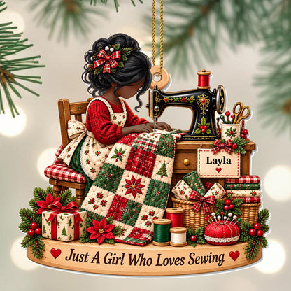 Just A Girl Who Loves Sewing With Sewing Machine and Quilt - Personalized Custom Acrylic Ornament, Christmas Gift - HAND225_ACO