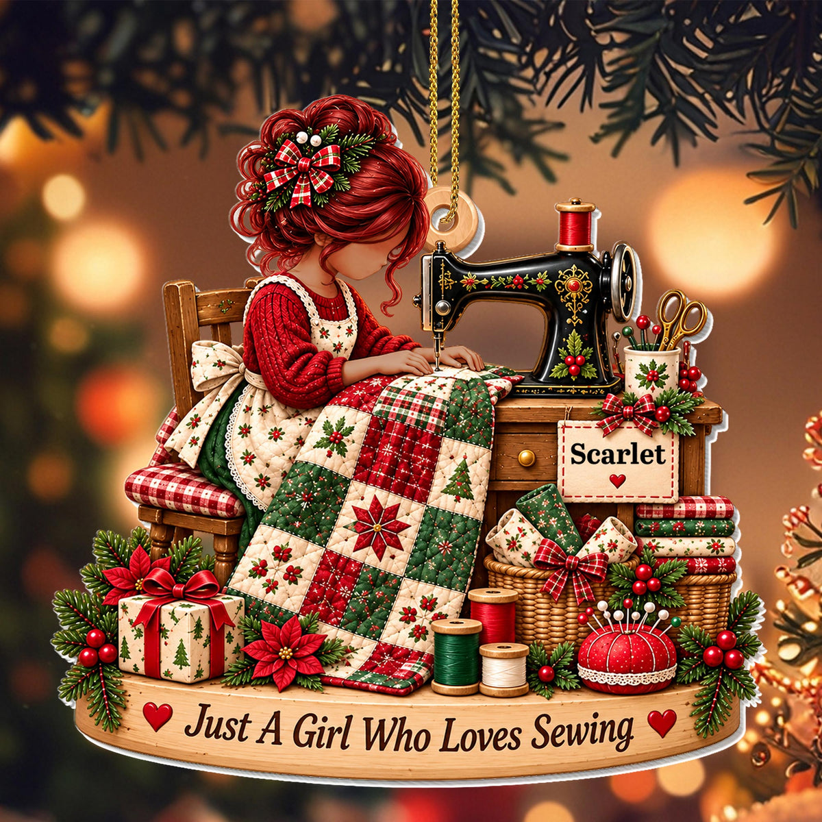Just A Girl Who Loves Sewing With Sewing Machine and Quilt - Personalized Custom Acrylic Ornament, Christmas Gift - HAND225_ACO