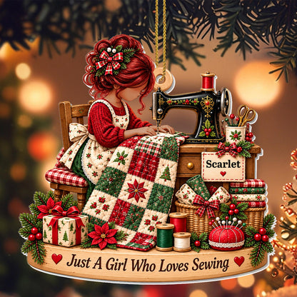 Just A Girl Who Loves Sewing With Sewing Machine and Quilt - Personalized Custom Acrylic Ornament, Christmas Gift - HAND225_ACO