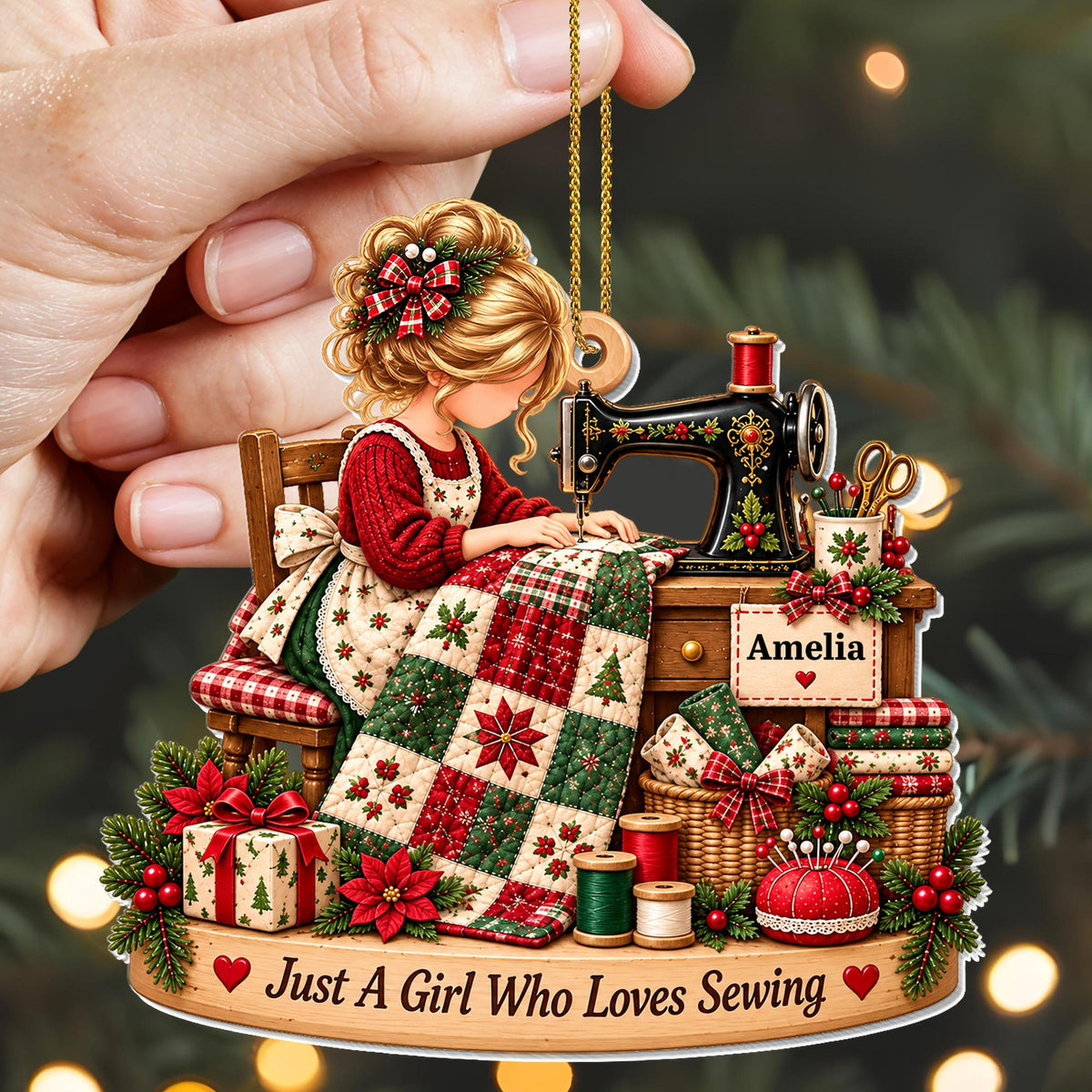 Just A Girl Who Loves Sewing With Sewing Machine and Quilt - Personalized Custom Acrylic Ornament, Christmas Gift - HAND225_ACO