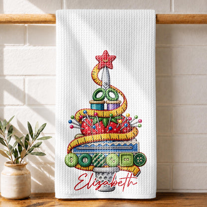 A Creative Christmas Tree Crafted With Sewing Tools And Buttons - Personalized Kitchen Towel - HAND230_TOWL