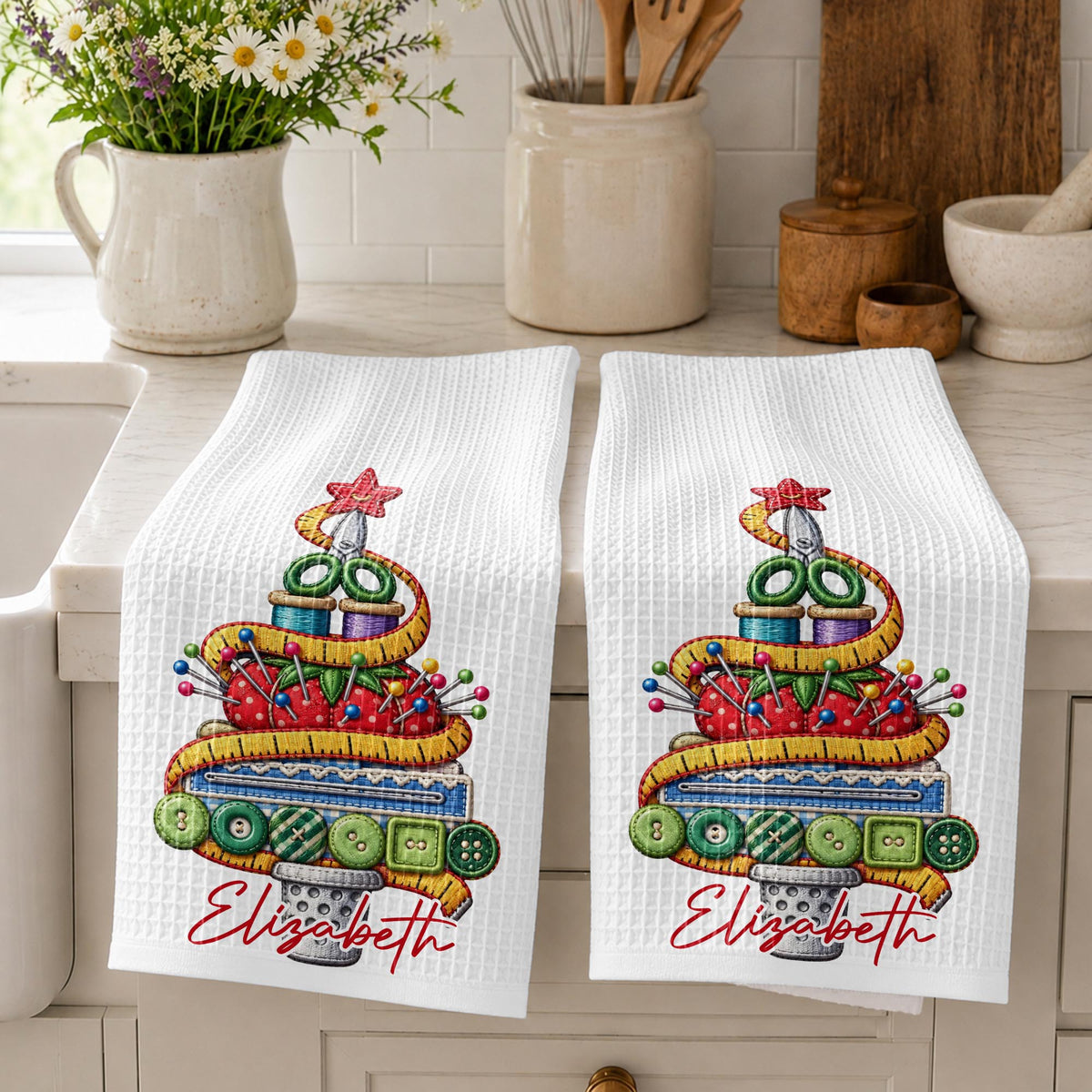 A Creative Christmas Tree Crafted With Sewing Tools And Buttons - Personalized Kitchen Towel - HAND230_TOWL
