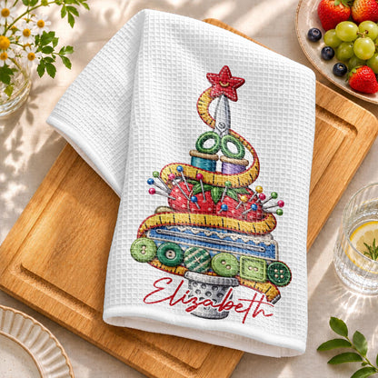 A Creative Christmas Tree Crafted With Sewing Tools And Buttons - Personalized Kitchen Towel - HAND230_TOWL