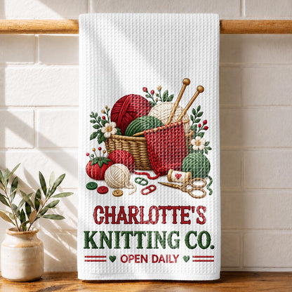 Knitting Co. Open Daily Yarn Basket And Crafting Tools - Personalized Kitchen Towel - HAND235_TOWL