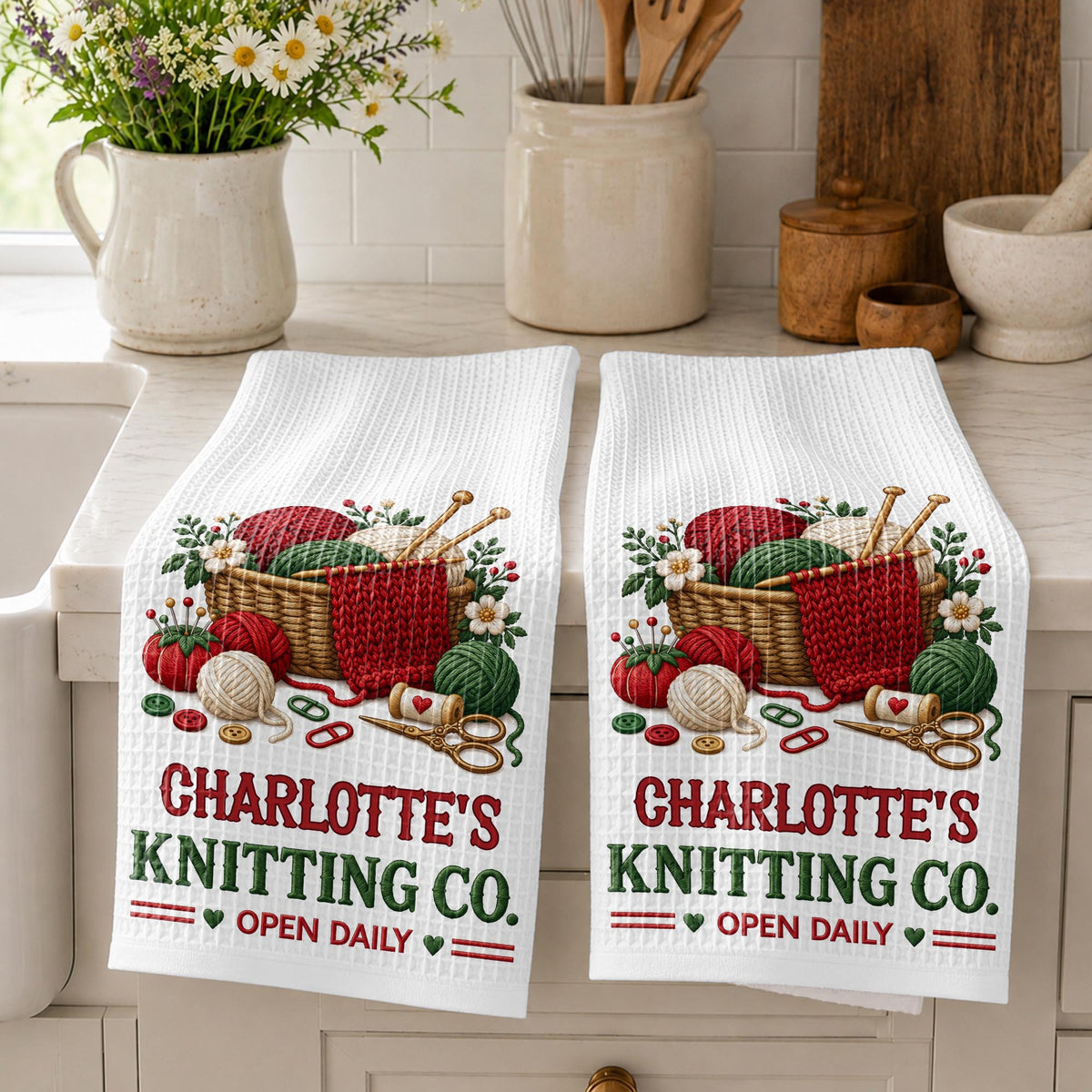 Knitting Co. Open Daily Yarn Basket And Crafting Tools - Personalized Kitchen Towel - HAND235_TOWL