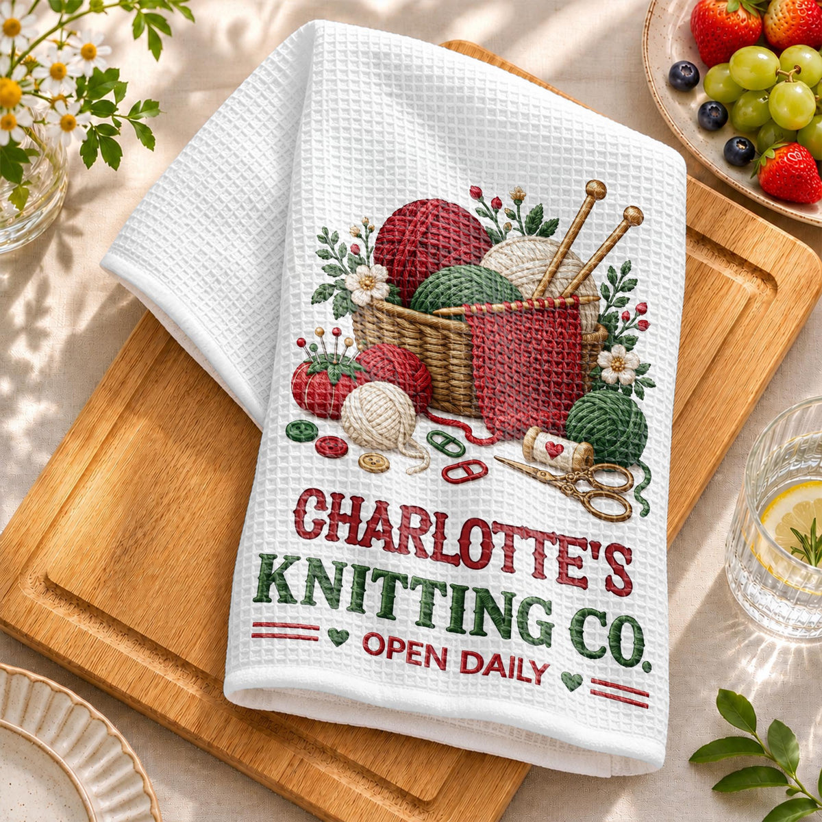 Knitting Co. Open Daily Yarn Basket And Crafting Tools - Personalized Kitchen Towel - HAND235_TOWL