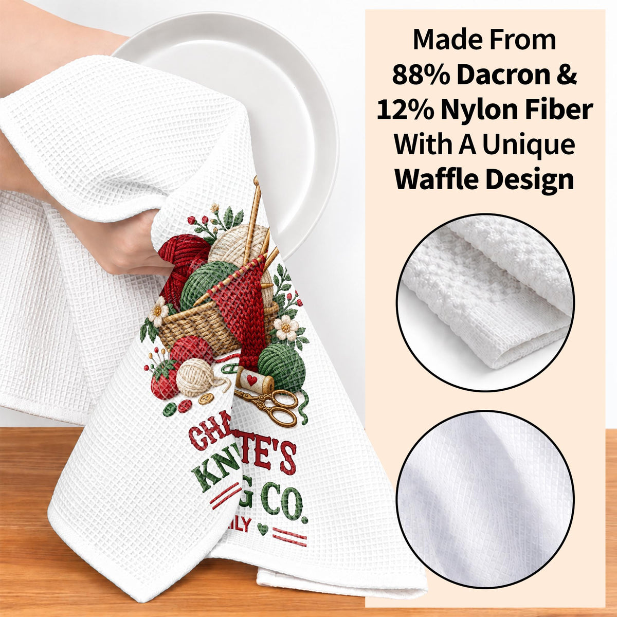 Knitting Co. Open Daily Yarn Basket And Crafting Tools - Personalized Kitchen Towel - HAND235_TOWL