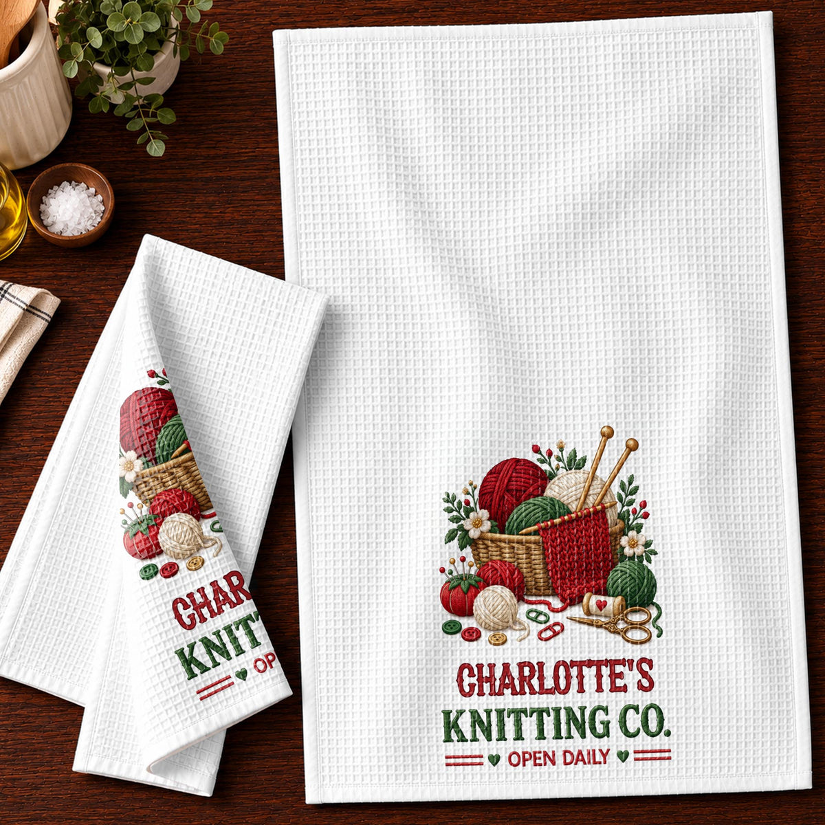 Knitting Co. Open Daily Yarn Basket And Crafting Tools - Personalized Kitchen Towel - HAND235_TOWL