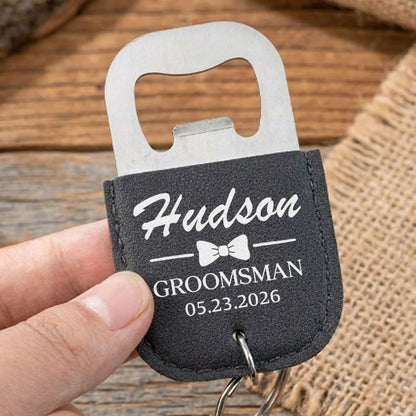 Groomsman Bow Tie Personalized Gift For Wedding Party - Personalized Leather Bottle Opener Keychain - HIM026_LEBOK