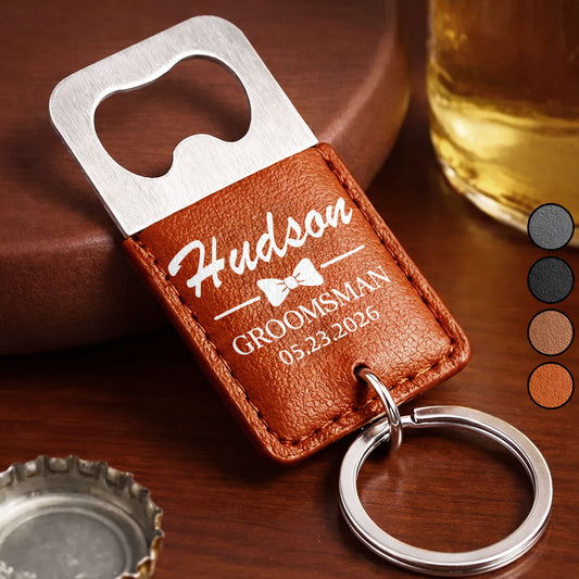 Groomsman Bow Tie Personalized Gift For Wedding Party - Personalized Leather Bottle Opener Keychain - HIM026_LEBOK