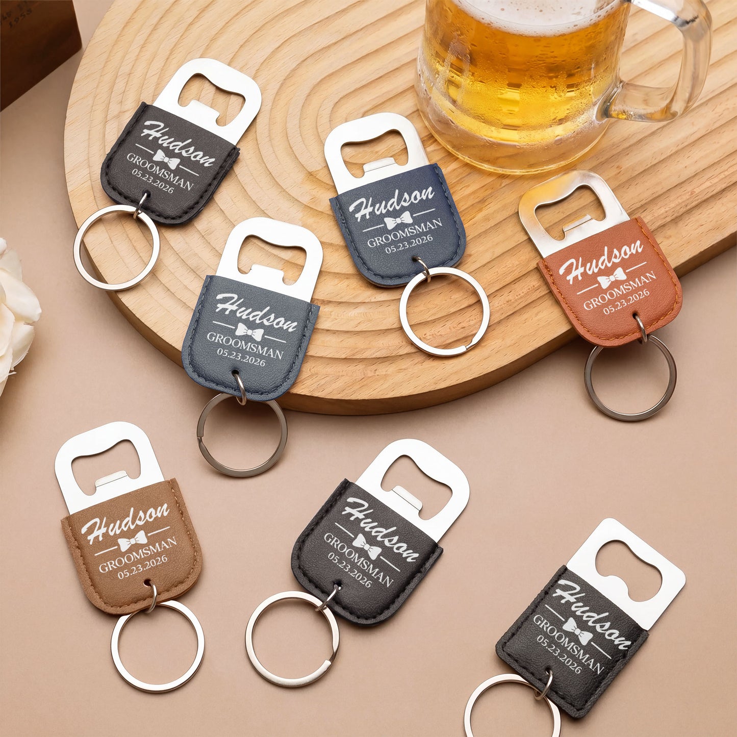 Groomsman Bow Tie Personalized Gift For Wedding Party - Personalized Leather Bottle Opener Keychain - HIM026_LEBOK