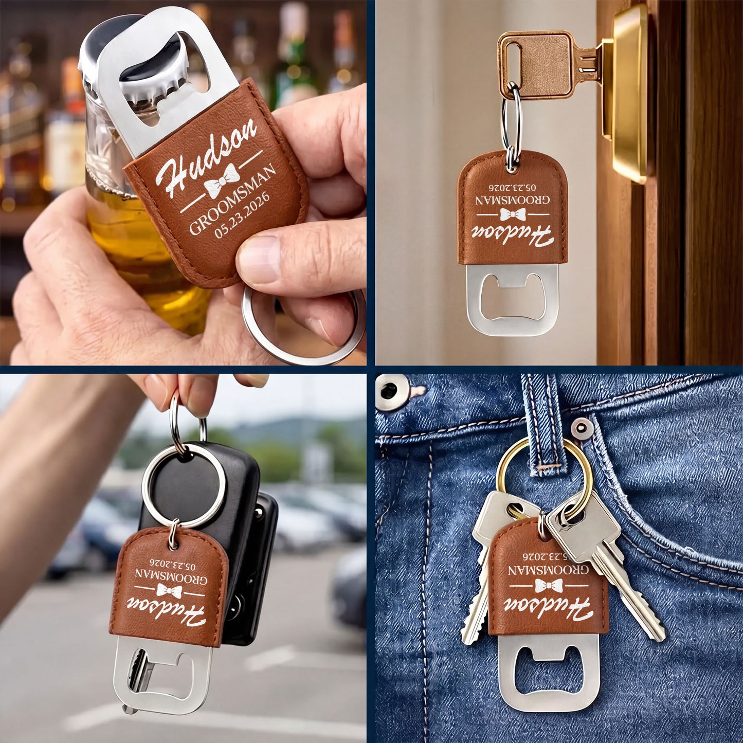 Groomsman Bow Tie Personalized Gift For Wedding Party - Personalized Leather Bottle Opener Keychain - HIM026_LEBOK