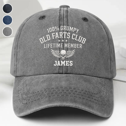100% Grumpy Old Farts Club Lifetime Member Skull Wings - Personalized Custom Washed Denim Cap - HIM035_WDCAP