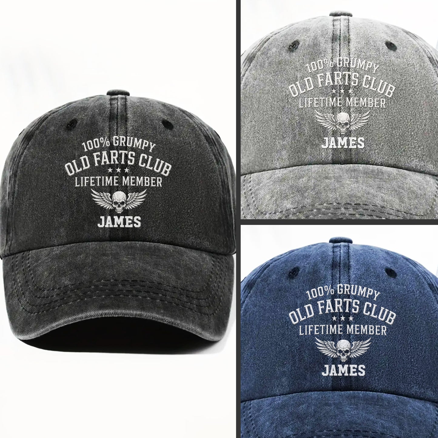 100% Grumpy Old Farts Club Lifetime Member Skull Wings - Personalized Custom Washed Denim Cap - HIM035_WDCAP
