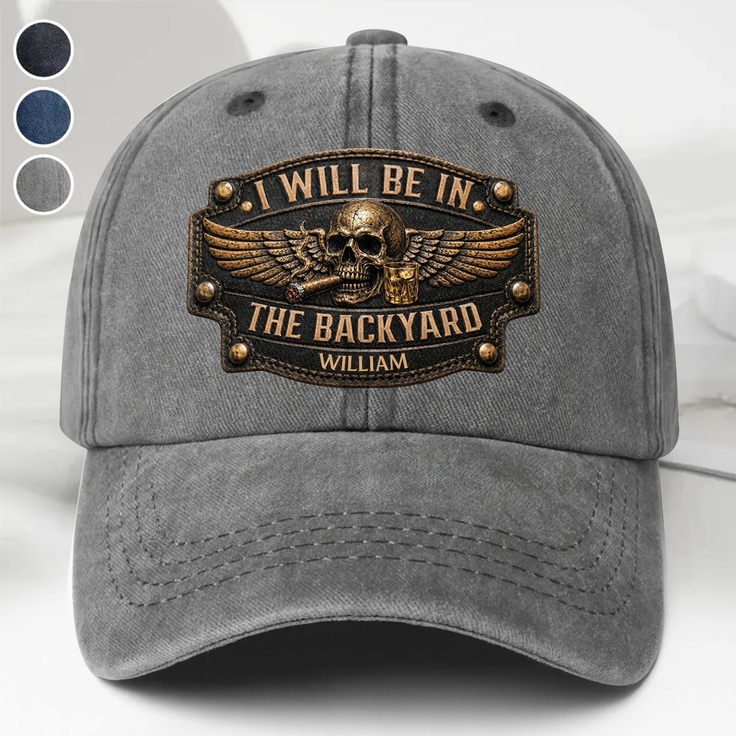 I Will Be In The Backyard Skull Wings Cigar Whiskey - Personalized Custom Washed Denim Cap - HIM039_WDCAP