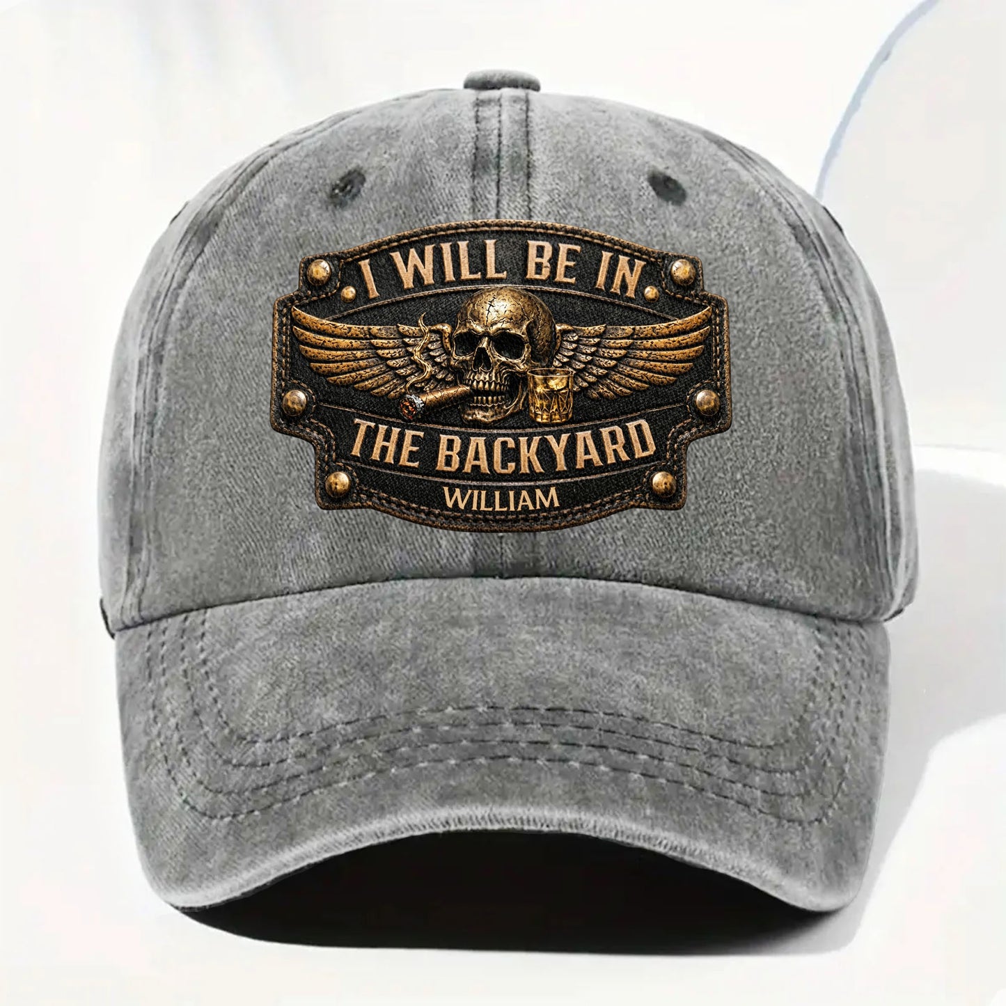 I Will Be In The Backyard Skull Wings Cigar Whiskey - Personalized Custom Washed Denim Cap - HIM039_WDCAP