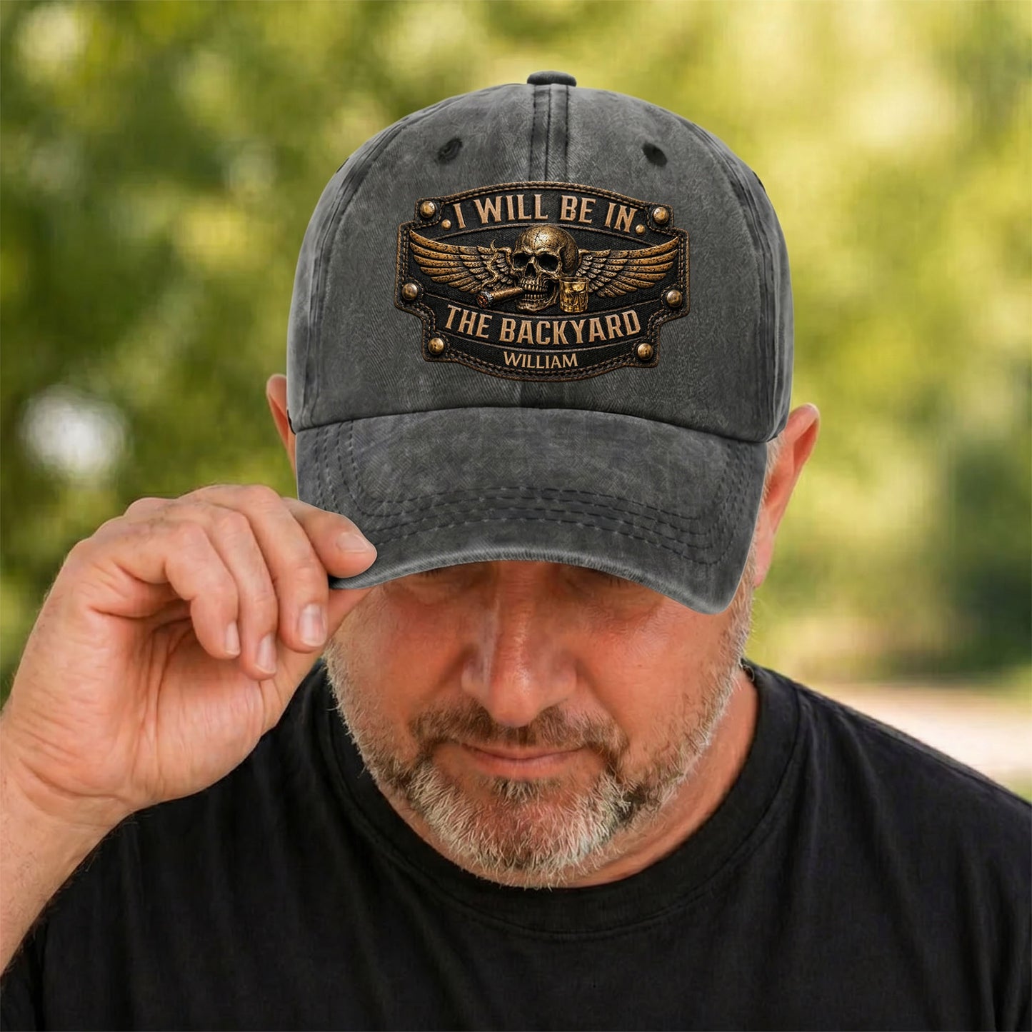 I Will Be In The Backyard Skull Wings Cigar Whiskey - Personalized Custom Washed Denim Cap - HIM039_WDCAP