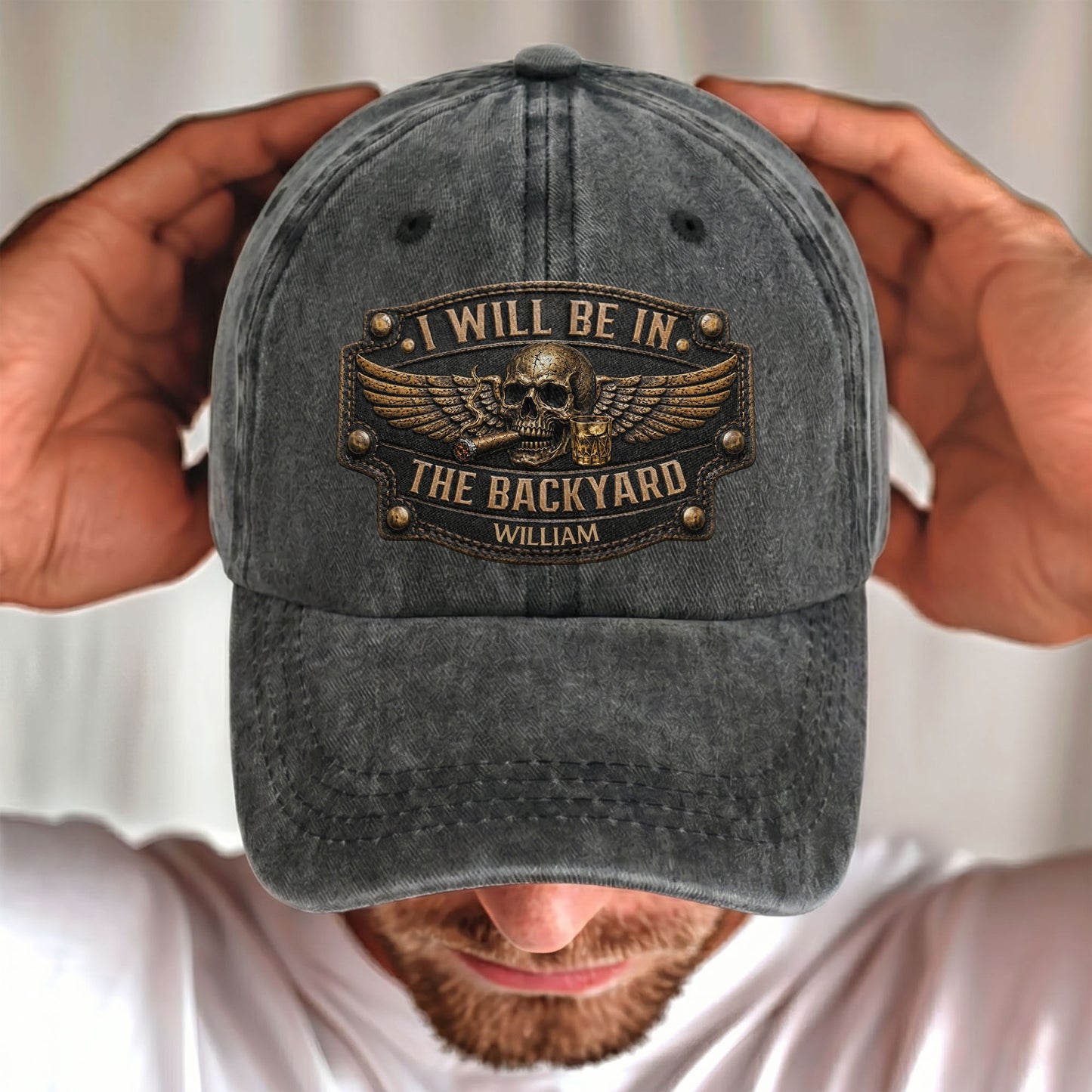 I Will Be In The Backyard Skull Wings Cigar Whiskey - Personalized Custom Washed Denim Cap - HIM039_WDCAP