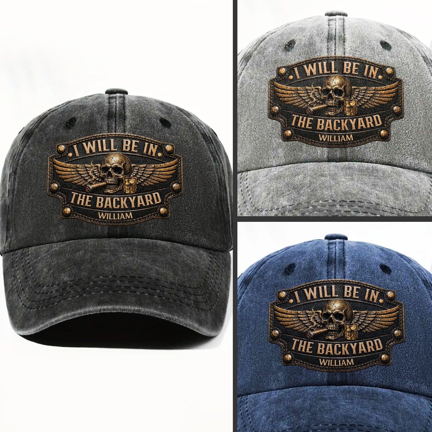 I Will Be In The Backyard Skull Wings Cigar Whiskey - Personalized Custom Washed Denim Cap - HIM039_WDCAP